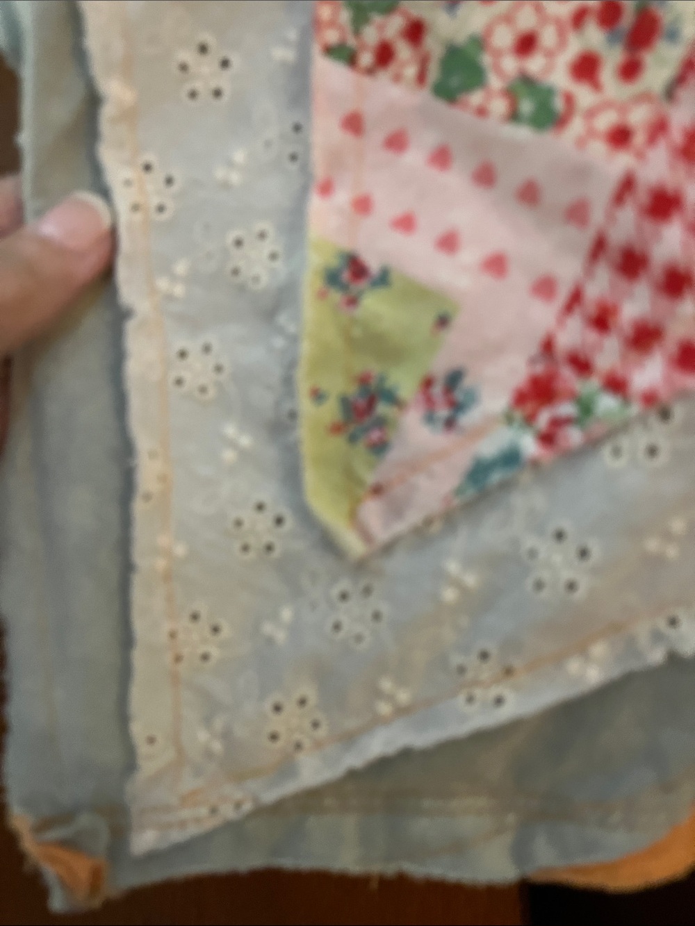 Easel Boho Patchwork Heart w/Eyelet & Blue Fabric Border + Banded 3/4 Sleeves - Picture 5 of 11
